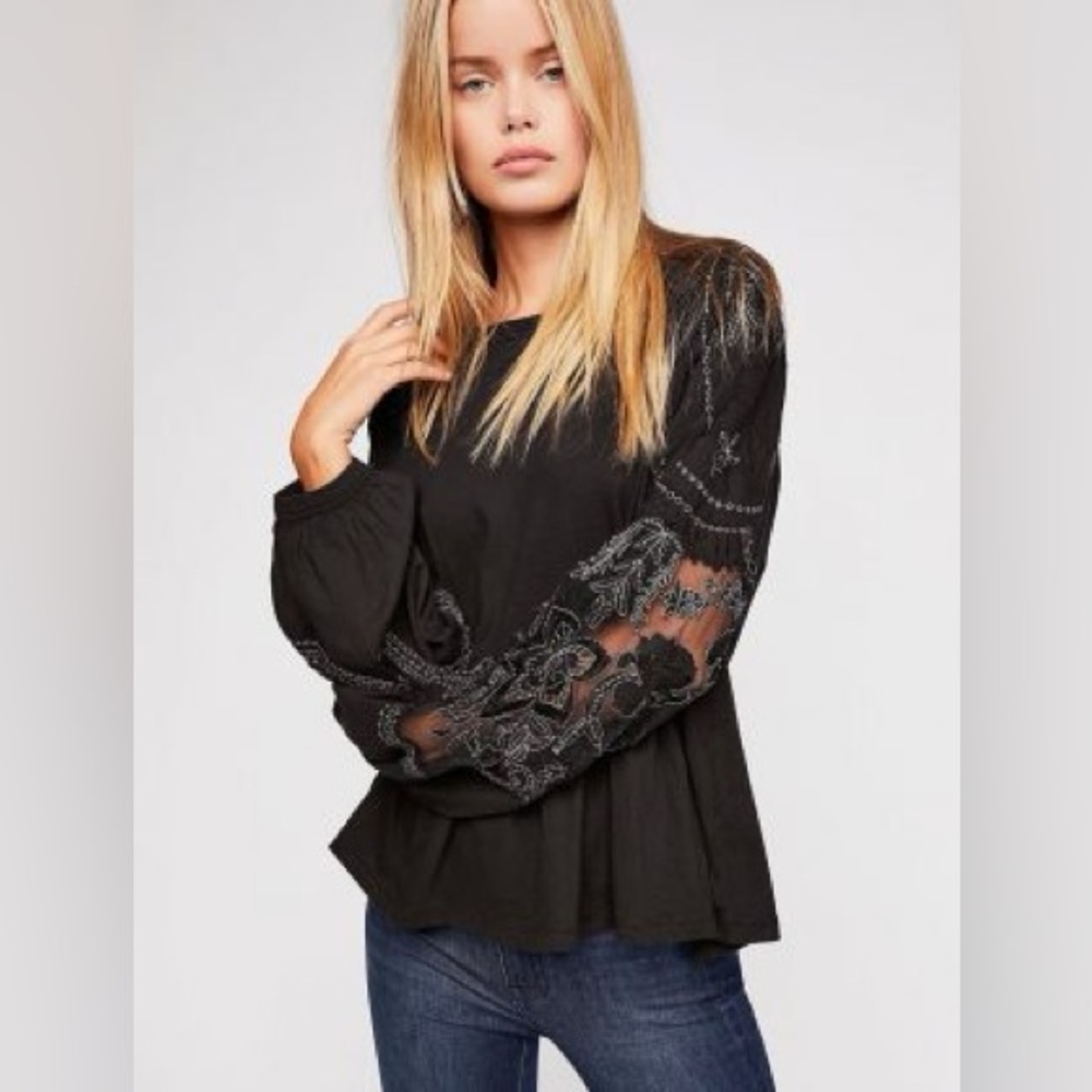 Free People Embroidered Peplum Penny Tee Black XS